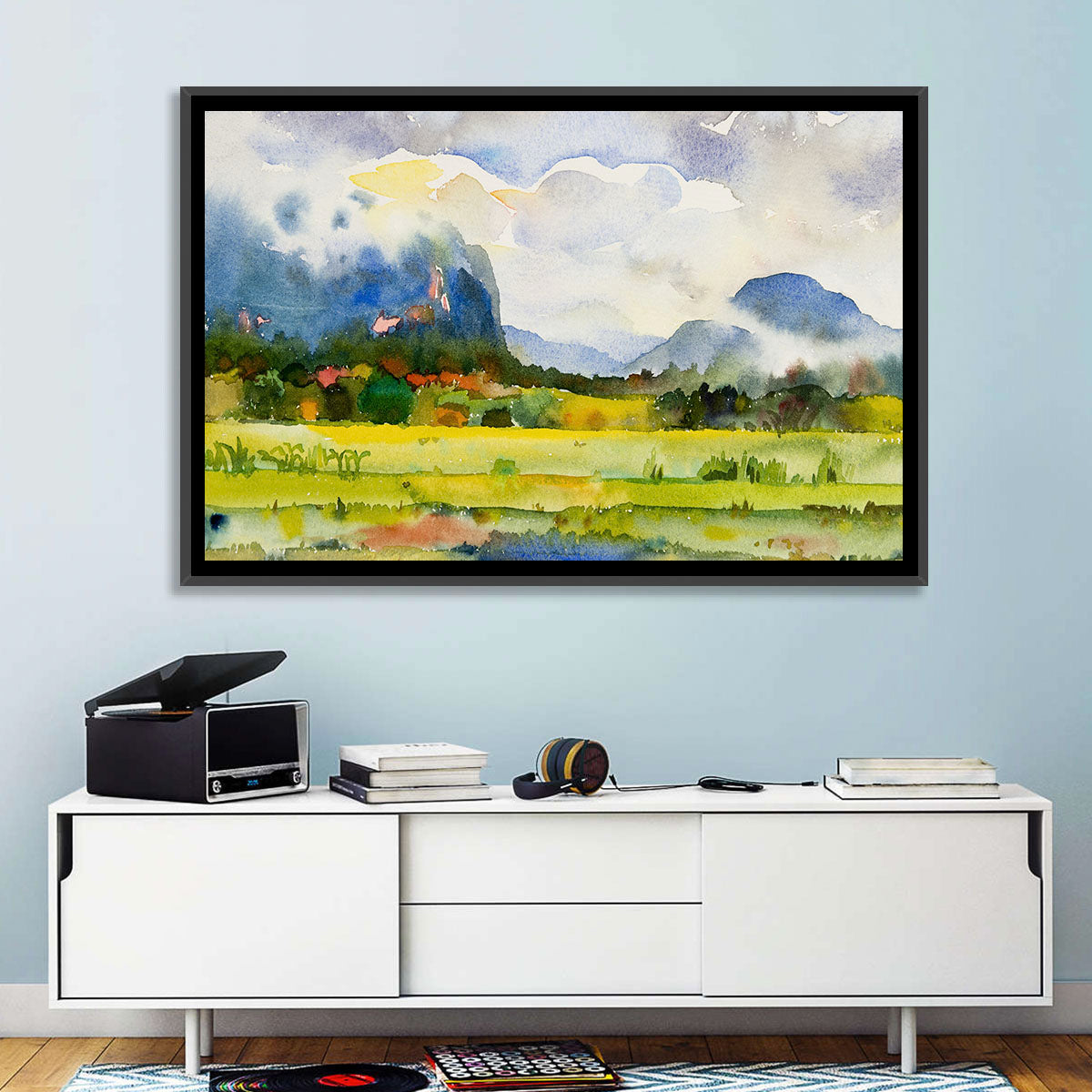 Summer Meadow Watercolor Landscape Wall Art in a room, landscape