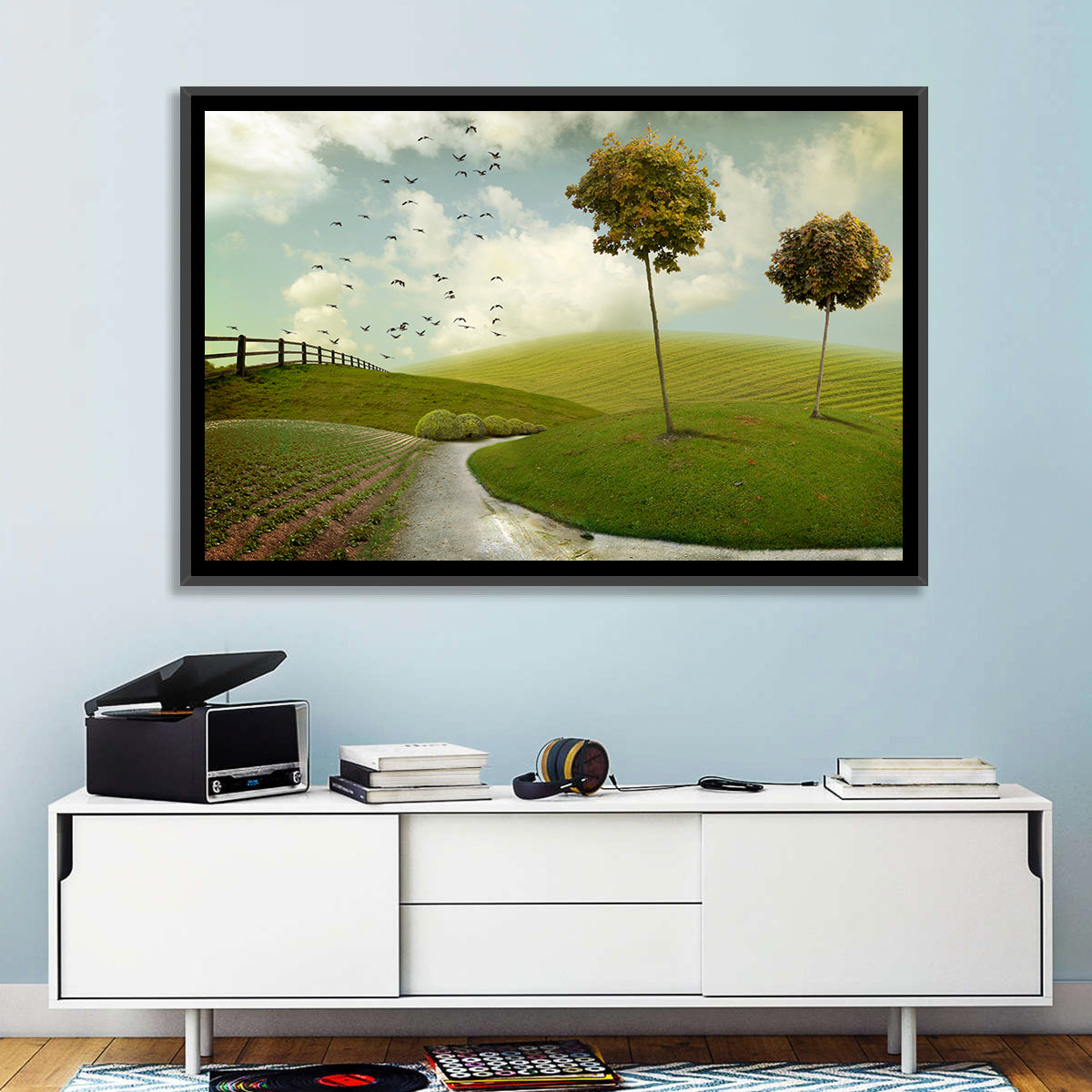 Serene Green Hills Pathscape Wall Art in a room, landscape