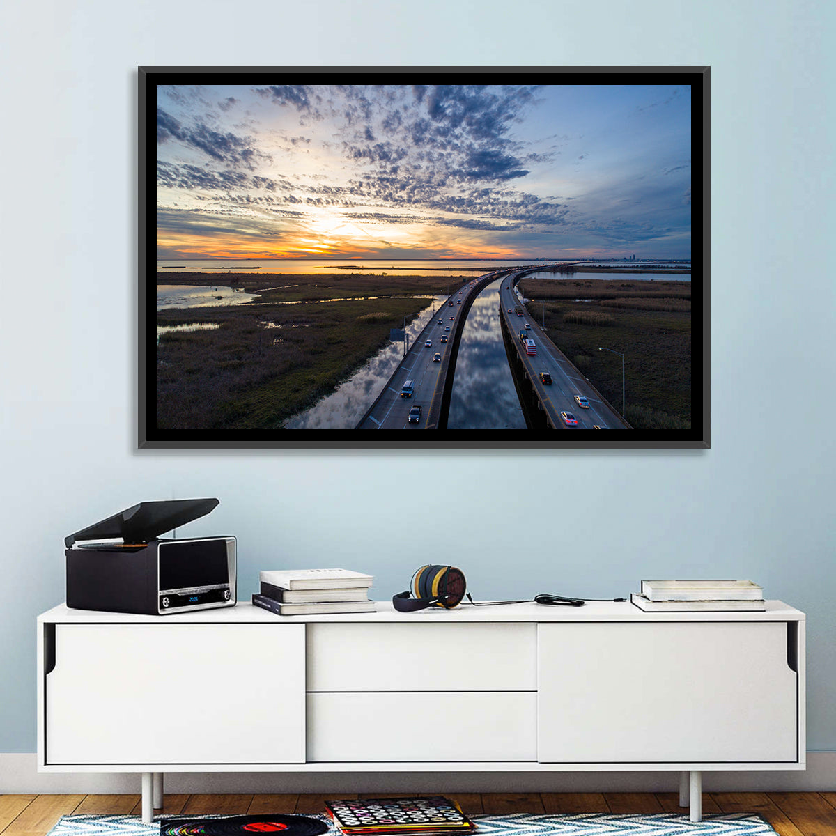 Mobile Bay Bridge at Sunset Wall Art in a room, landscape