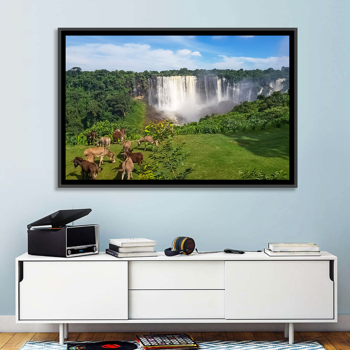 Kalandula Falls and Grazing Donkeys Wall Art in a room, landscape