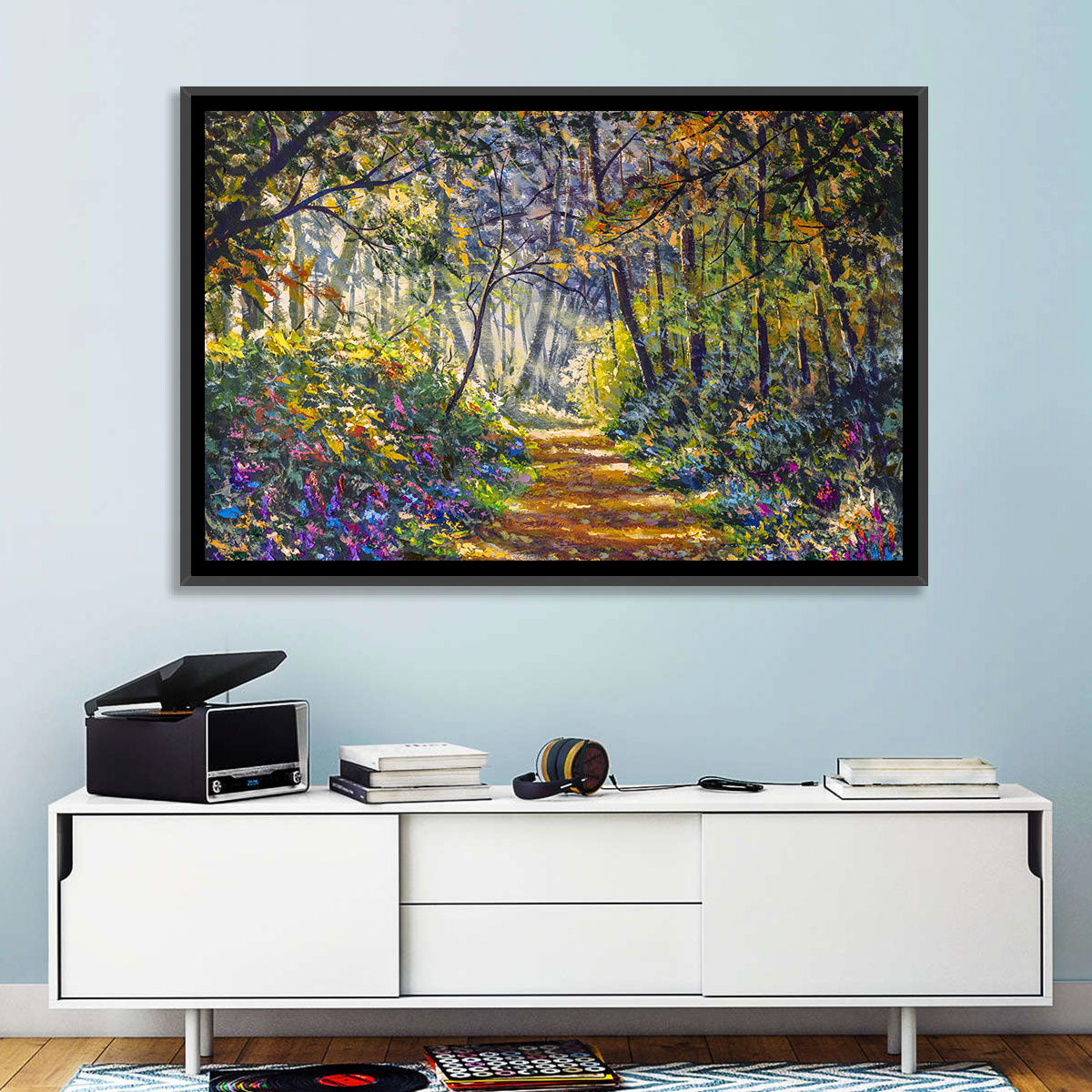 Sunlit Forest Path with Wildflowers Wall Art