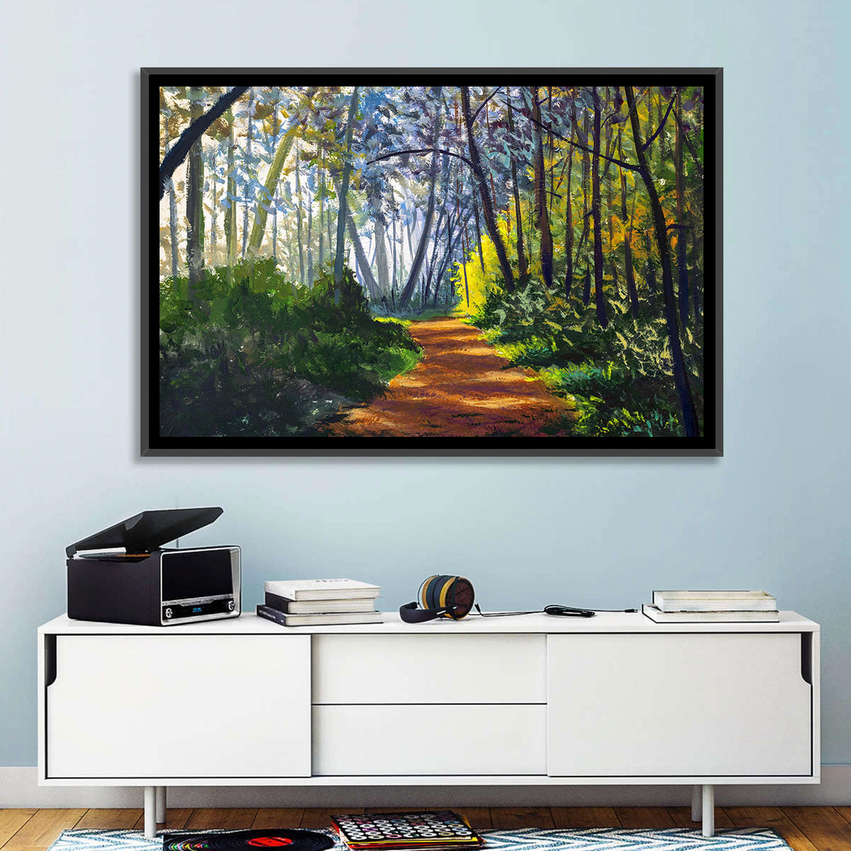 Sunlit Forest Alley Path Wall Art in a room, landscape