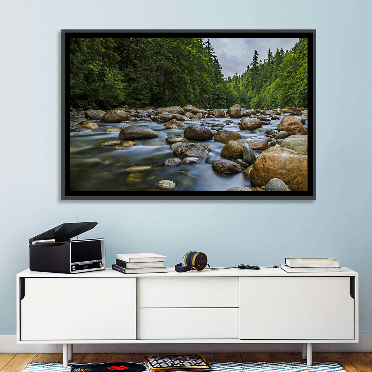 Lynn Canyon Riverbed Forest Wall Art in a room, landscape