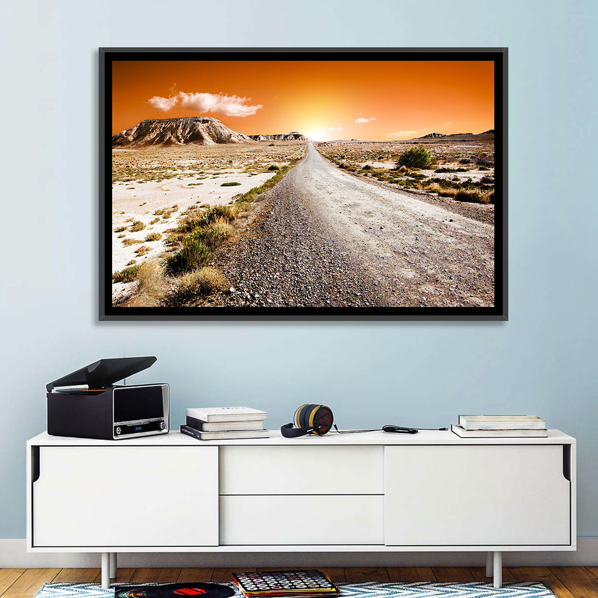 Infinite Desert Road Wall Art in a room, landscape