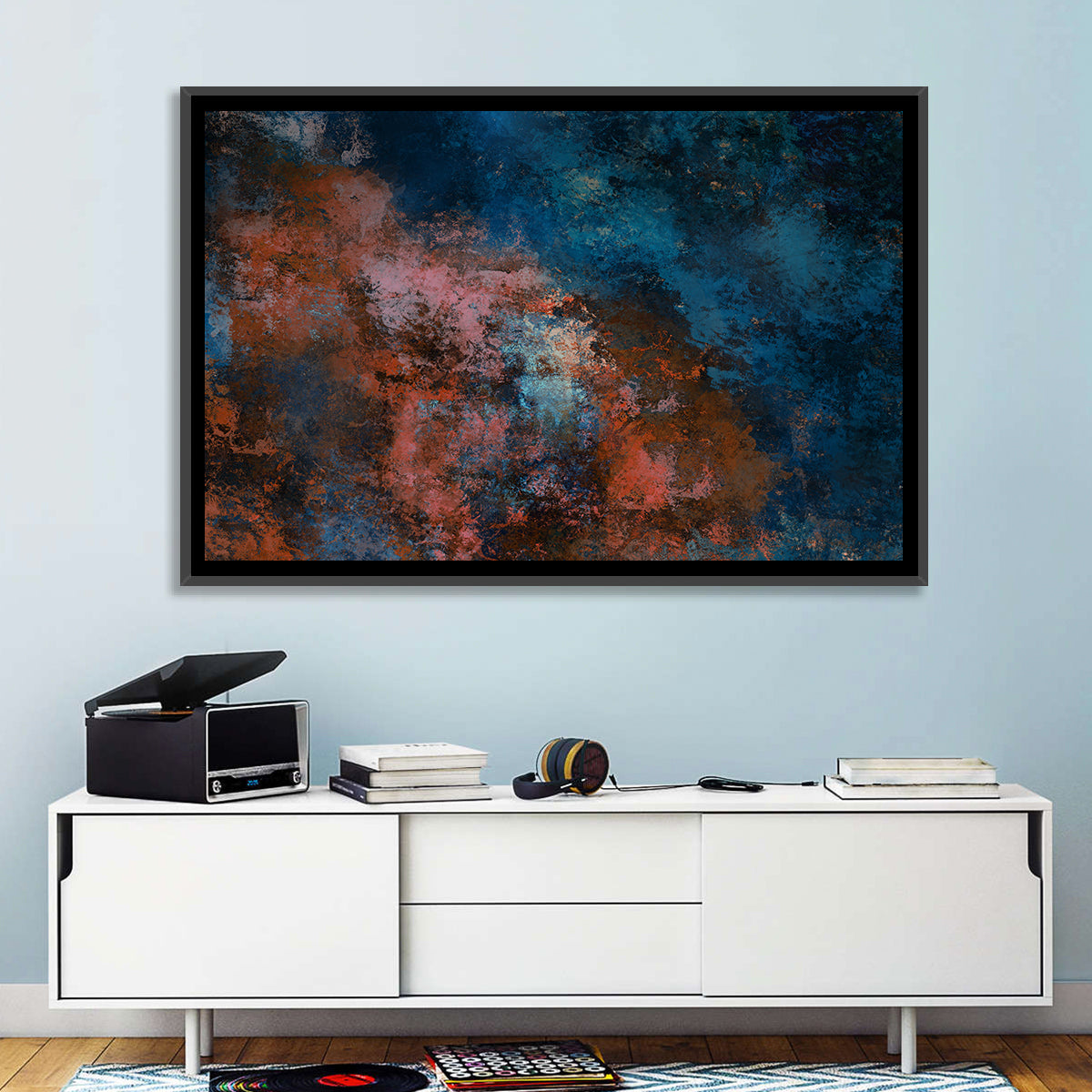 Blue to Rust Color Field Wall Art in a room, landscape