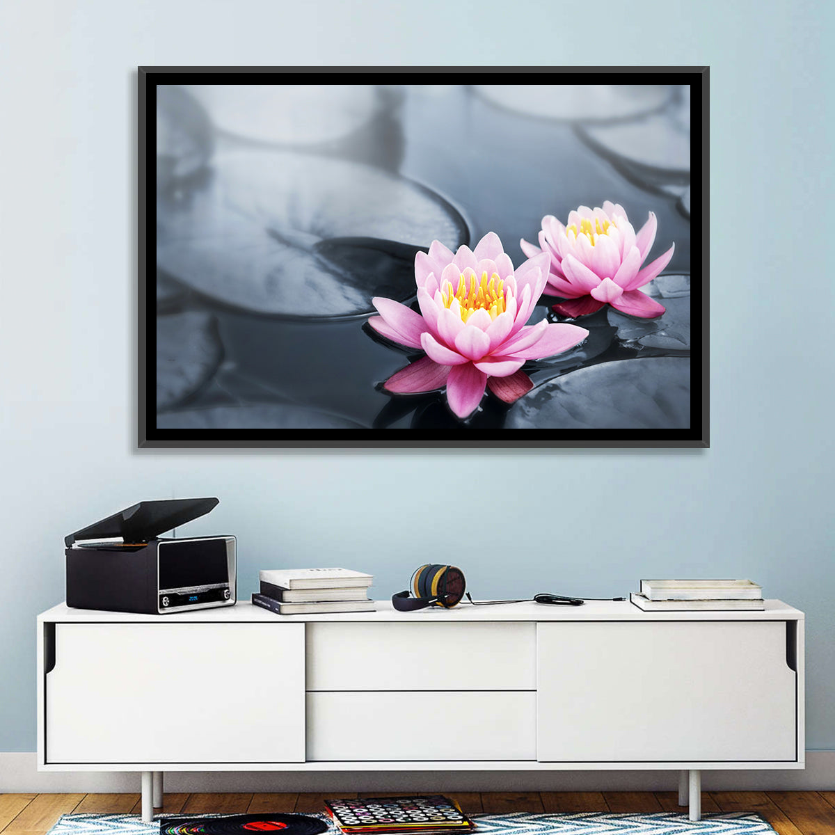 Pink Water Lilies Wall Art in a room, landscape