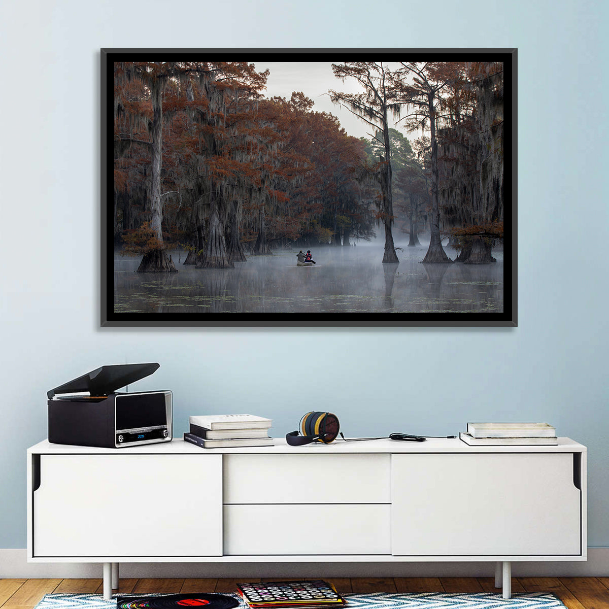Caddo Lake Morning Mist Wall Art in a room, landscape