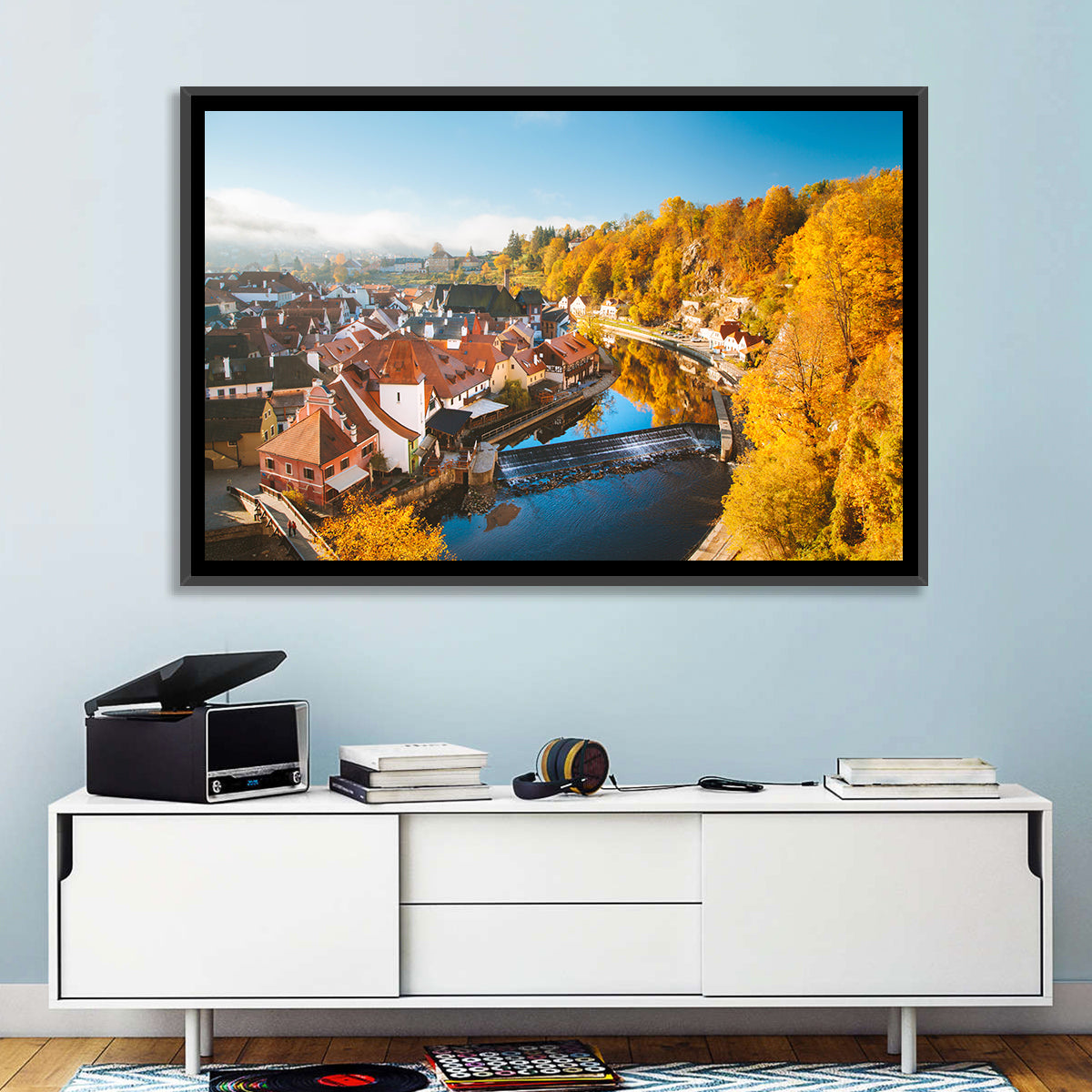 Český Krumlov River Weir in Autumn Wall Art in a room, landscape