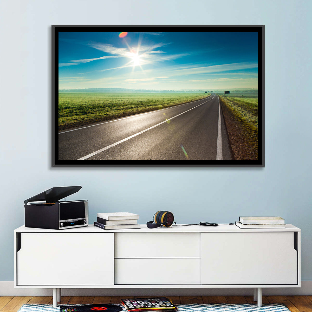 Sunlit Road Through Green Field Wall Art