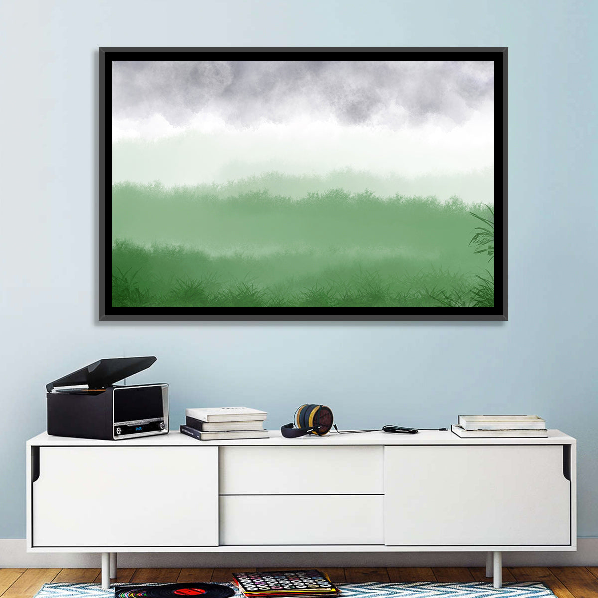 Misty Green Fields Wall Art in a room, landscape