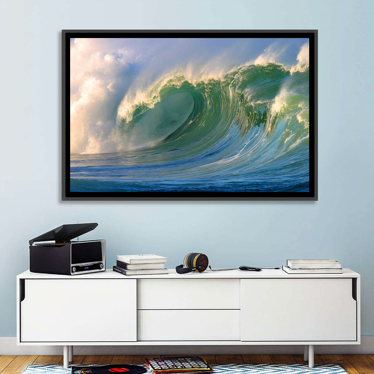 Golden Hour Barrel Wave Wall Art in a room, landscape