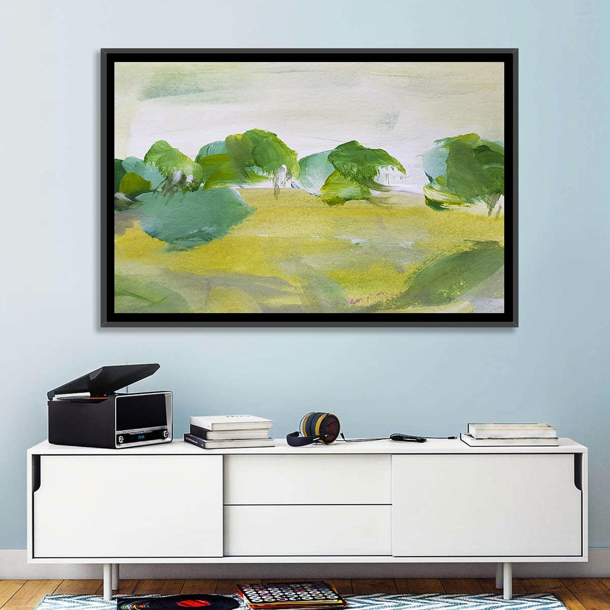 Rural Fields Abstract Wall Art in a room, landscape