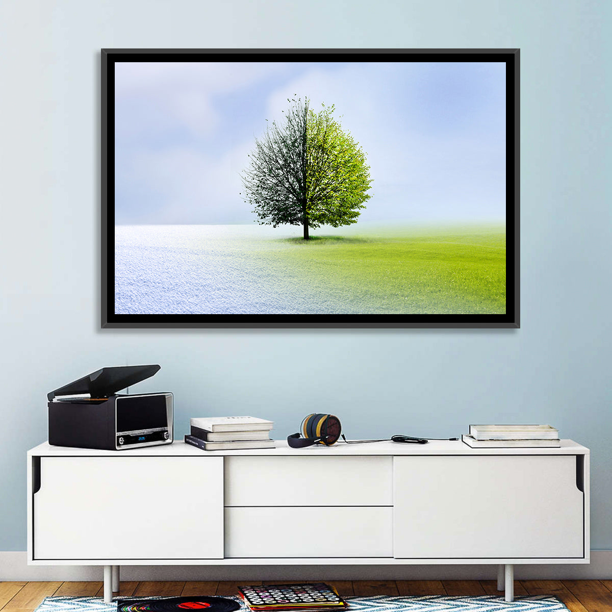 Winter to Spring Tree Wall Art in a room, landscape