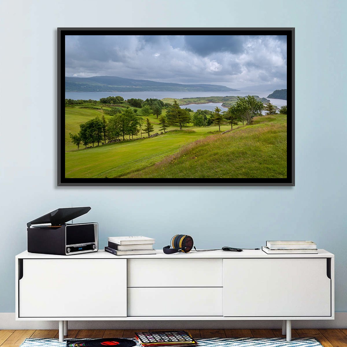 Tobermory Bay Coastal Hill Wall Art in a room, landscape