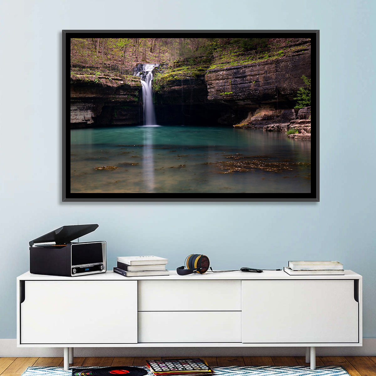 Mossy Cove Waterfall Wall Art in a room, landscape