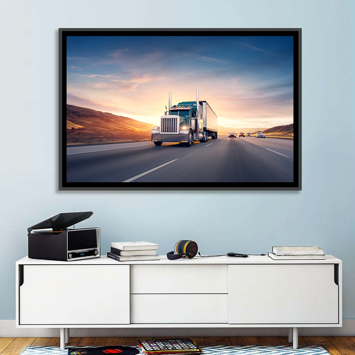 Semi Truck Highway Sunset Wall Art in a room, landscape