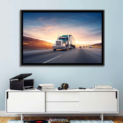 Semi Truck Highway Sunset Wall Art