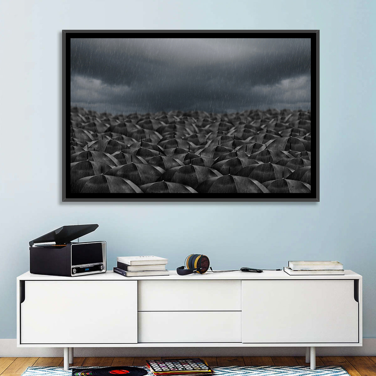 Clustered Umbrellas in Rain Wall Art in a room, landscape