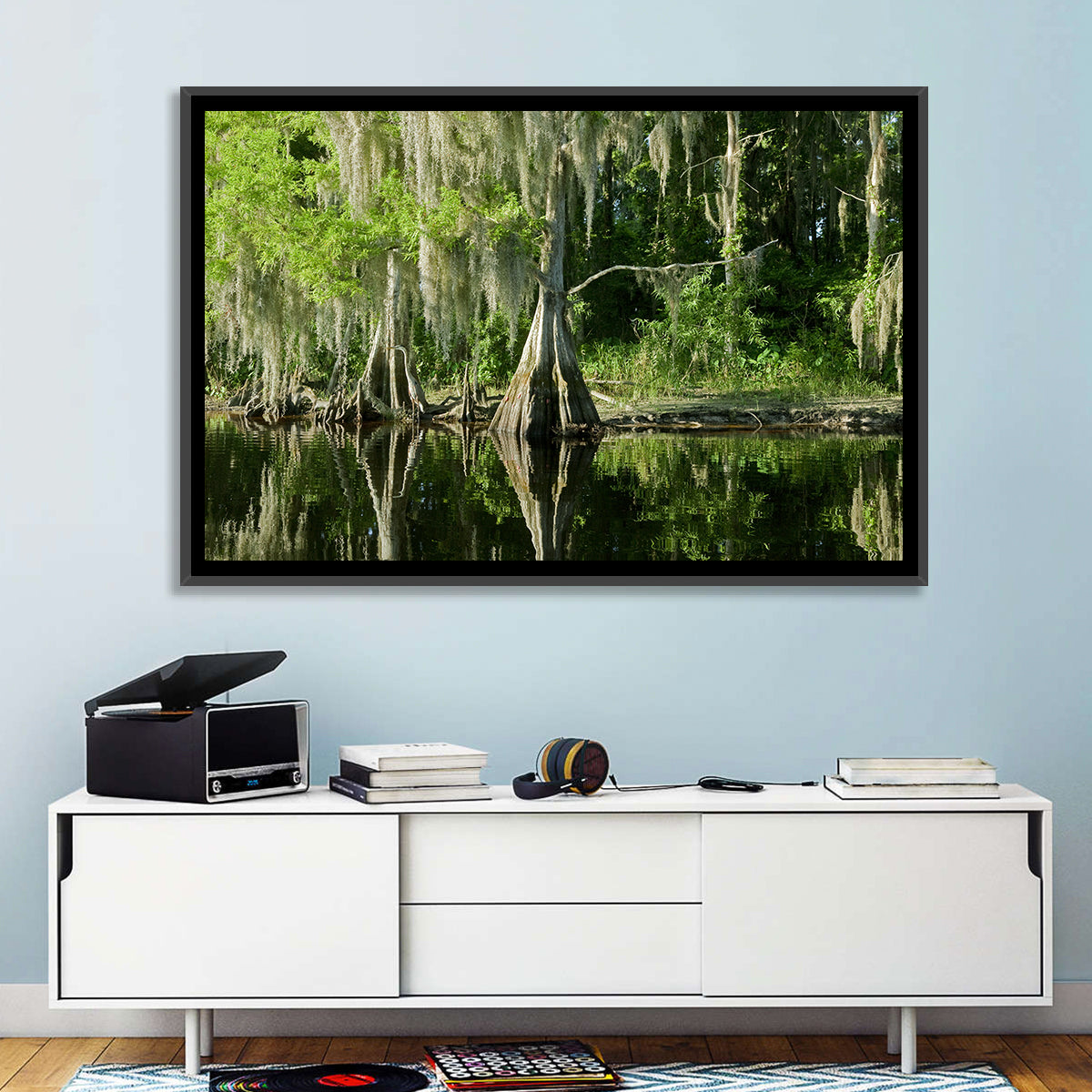 Bald Cypress and Great Blue Heron Wall Art in a room, landscape