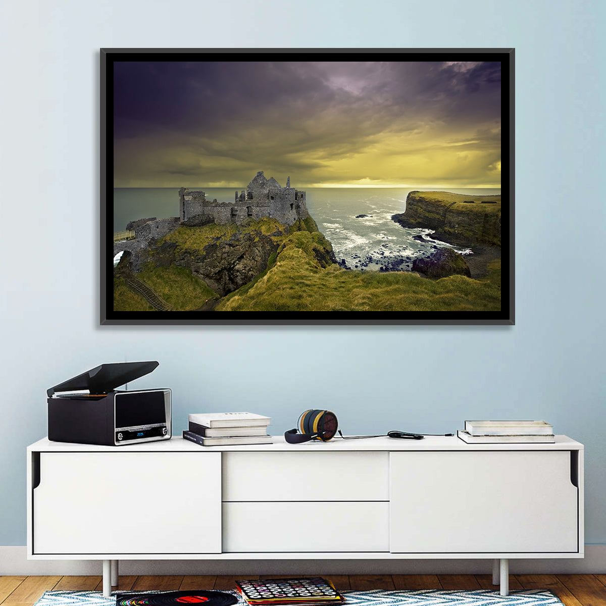 Dunluce Castle Ruins Wall Art in a room, landscape