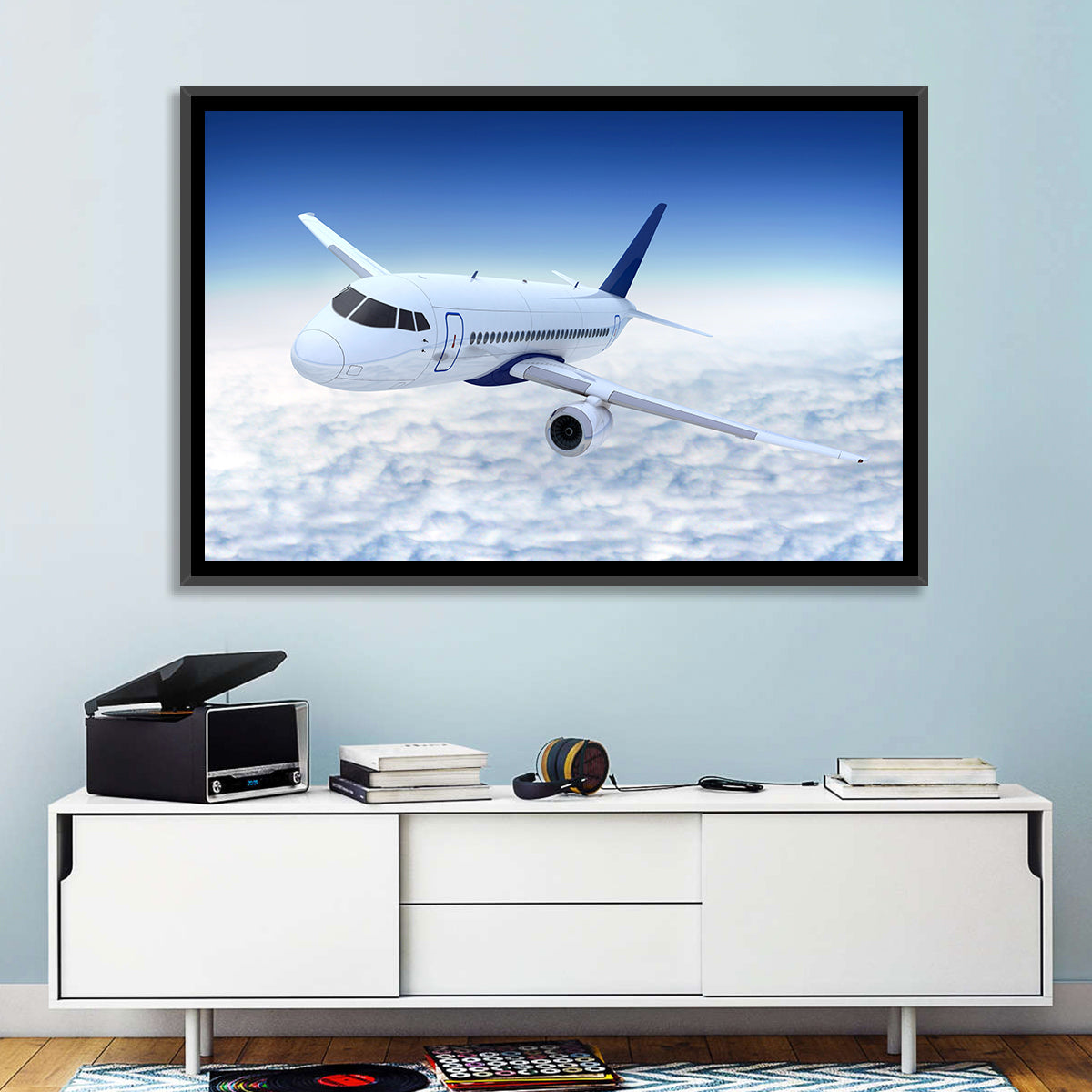 Commercial Jet Above Clouds Wall Art in a room, landscape
