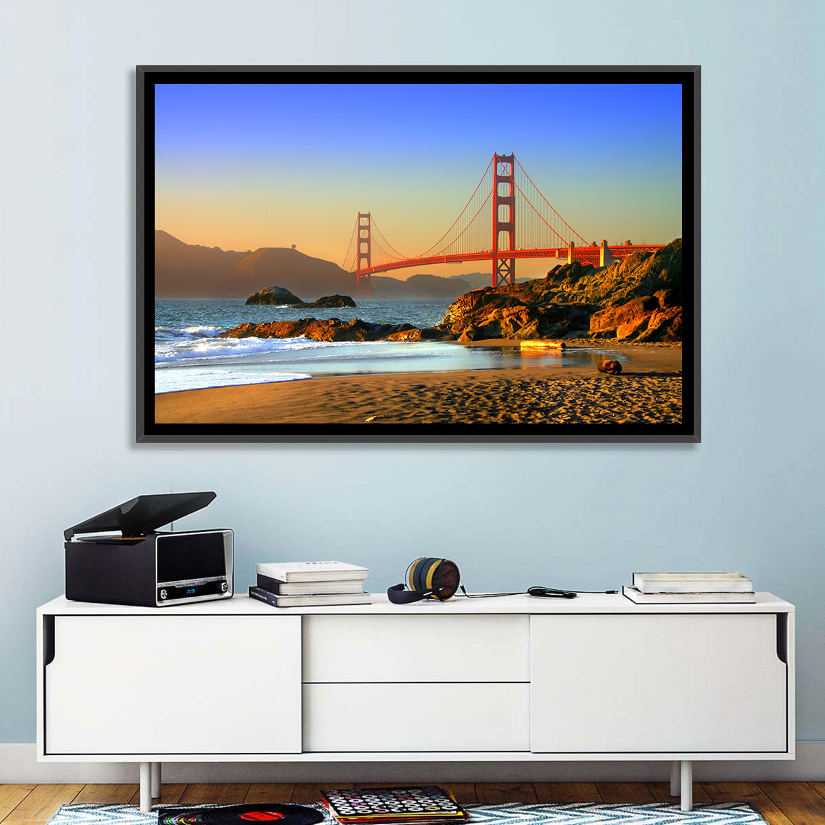 Golden Hour at the Golden Gate Bridge Wall Art in a room, landscape