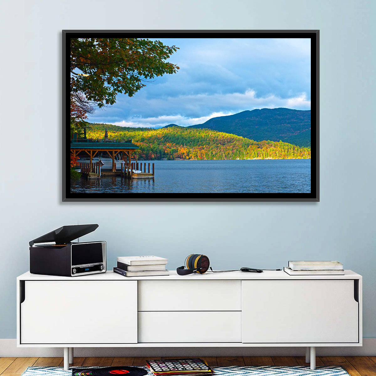 Lake George Boathouse in Autumn Wall Art in a room, landscape