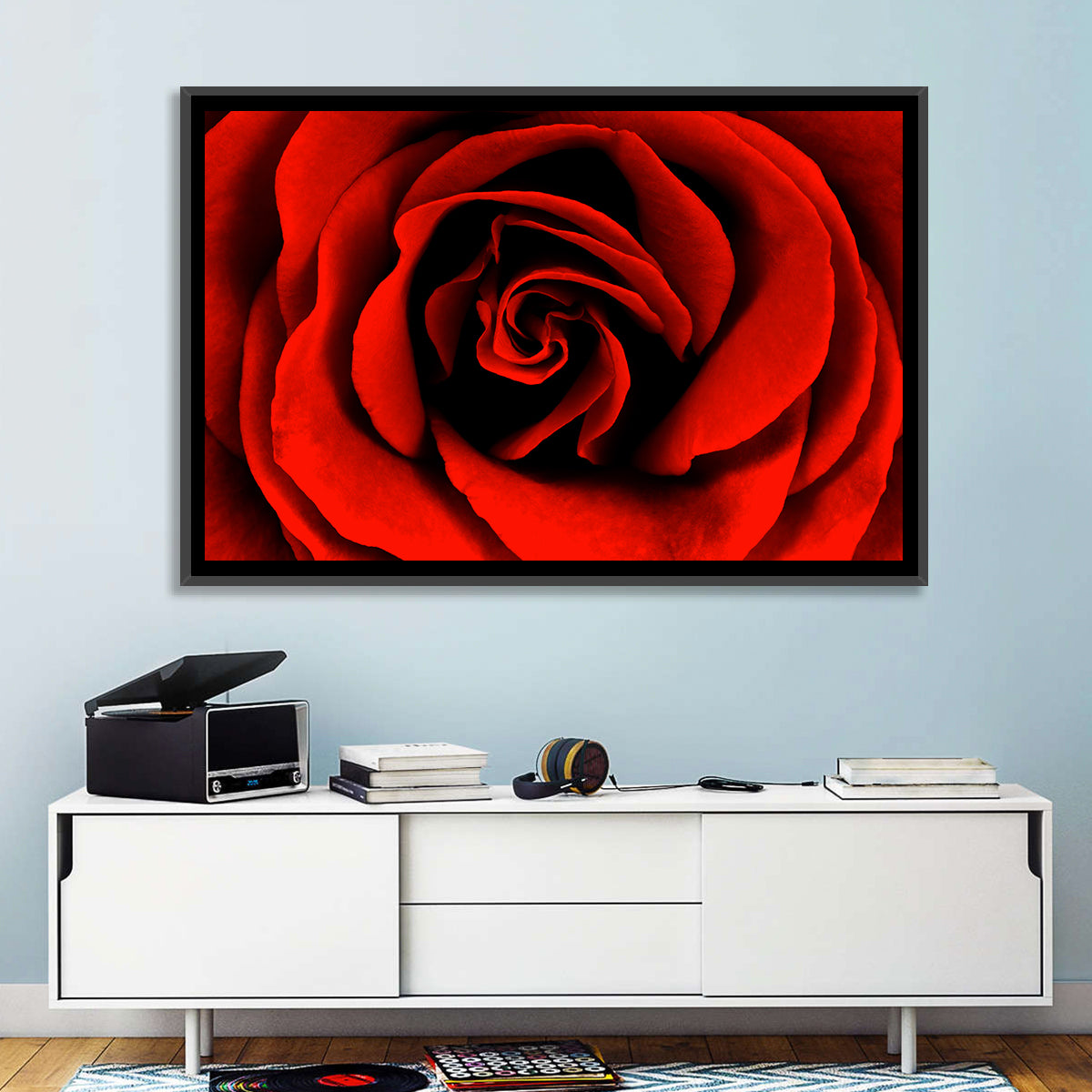 Velvety Red Rose Close-up Wall Art in a room, landscape