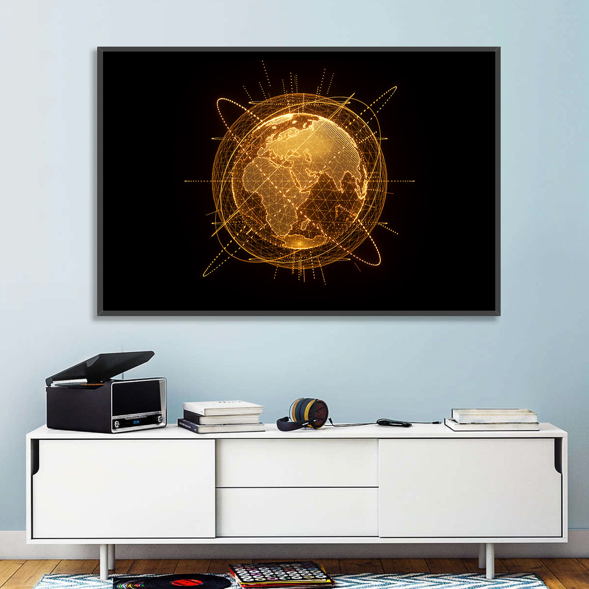 Golden Hologram Globe Wall Art in a room, landscape