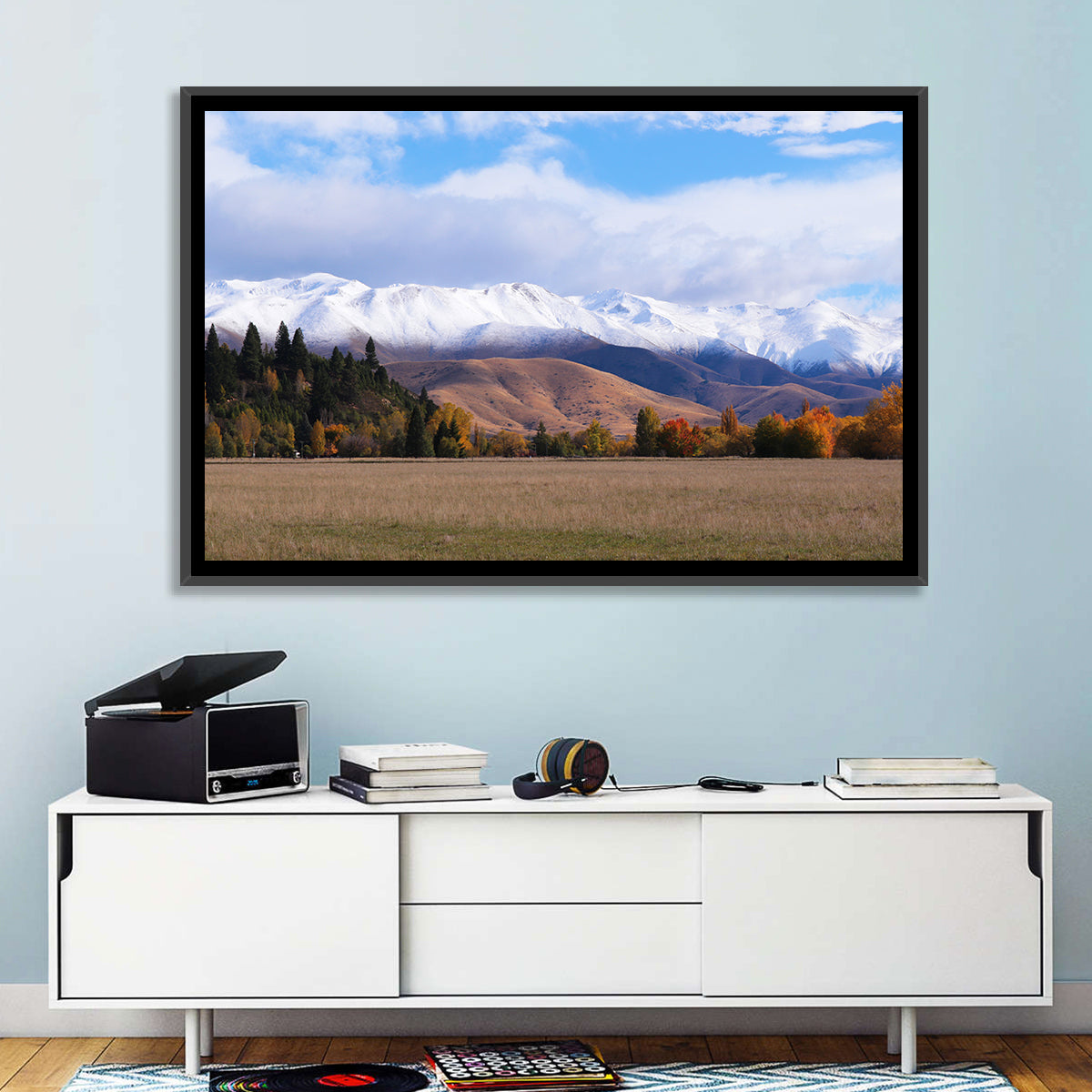 Ben Ohau Mountain Meadow Wall Art in a room, landscape