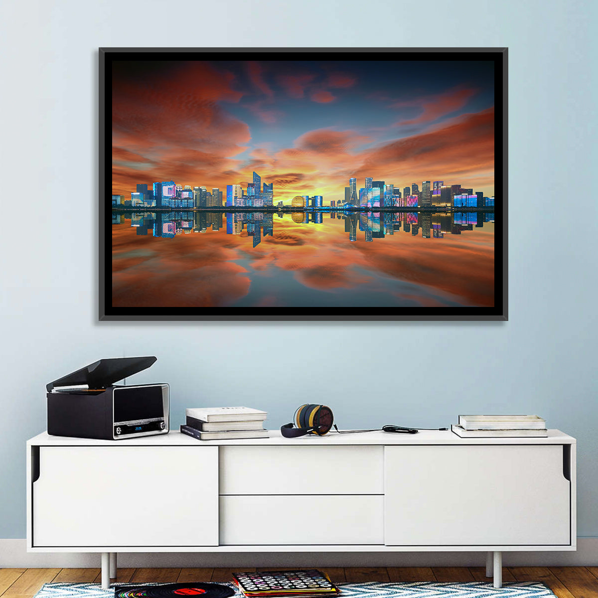 Hangzhou Golden Sphere Skyline at Dusk Wall Art in a room, landscape