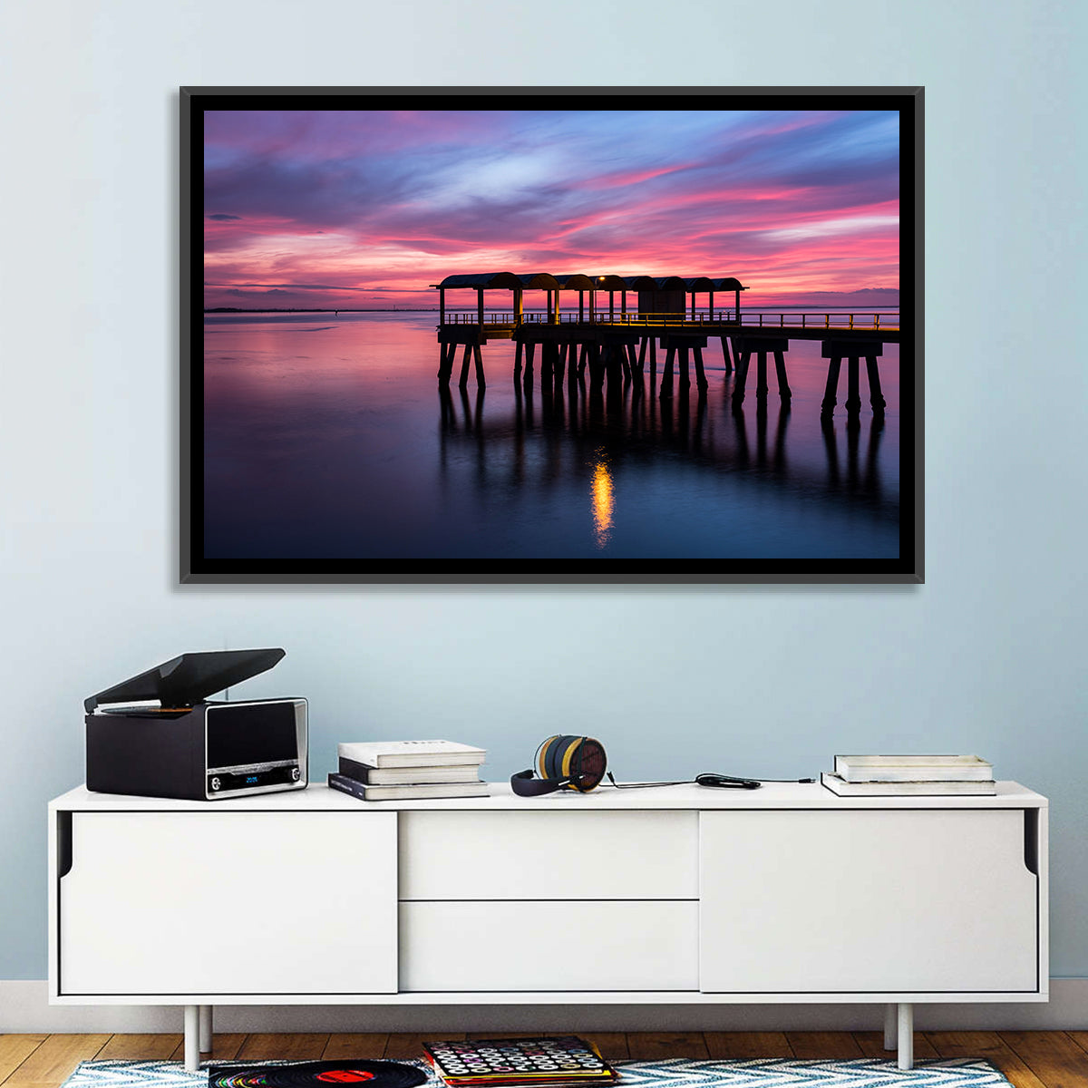 Jekyll Island Dusk Pier Wall Art in a room, landscape