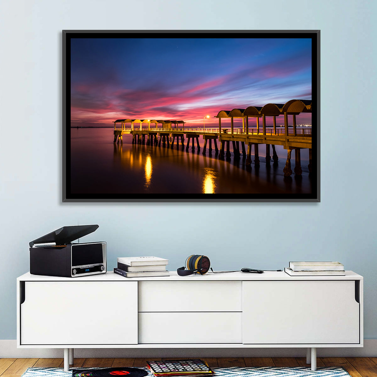 Twilight on Jekyll Island Pier Wall Art in a room, landscape