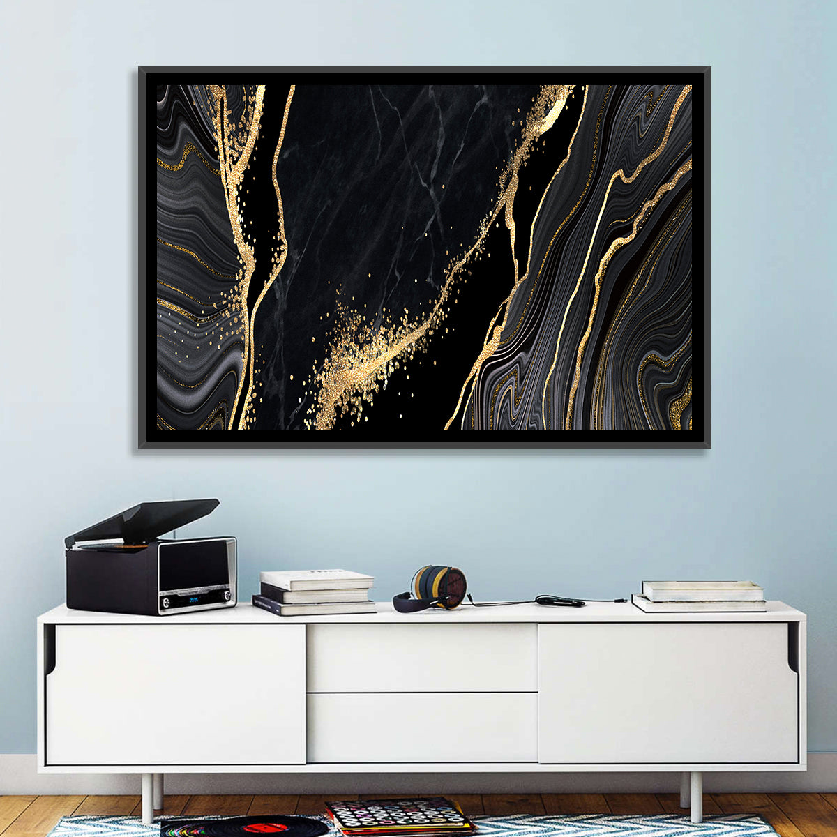 Gold Glitter Black Marble Abstract Wall Art