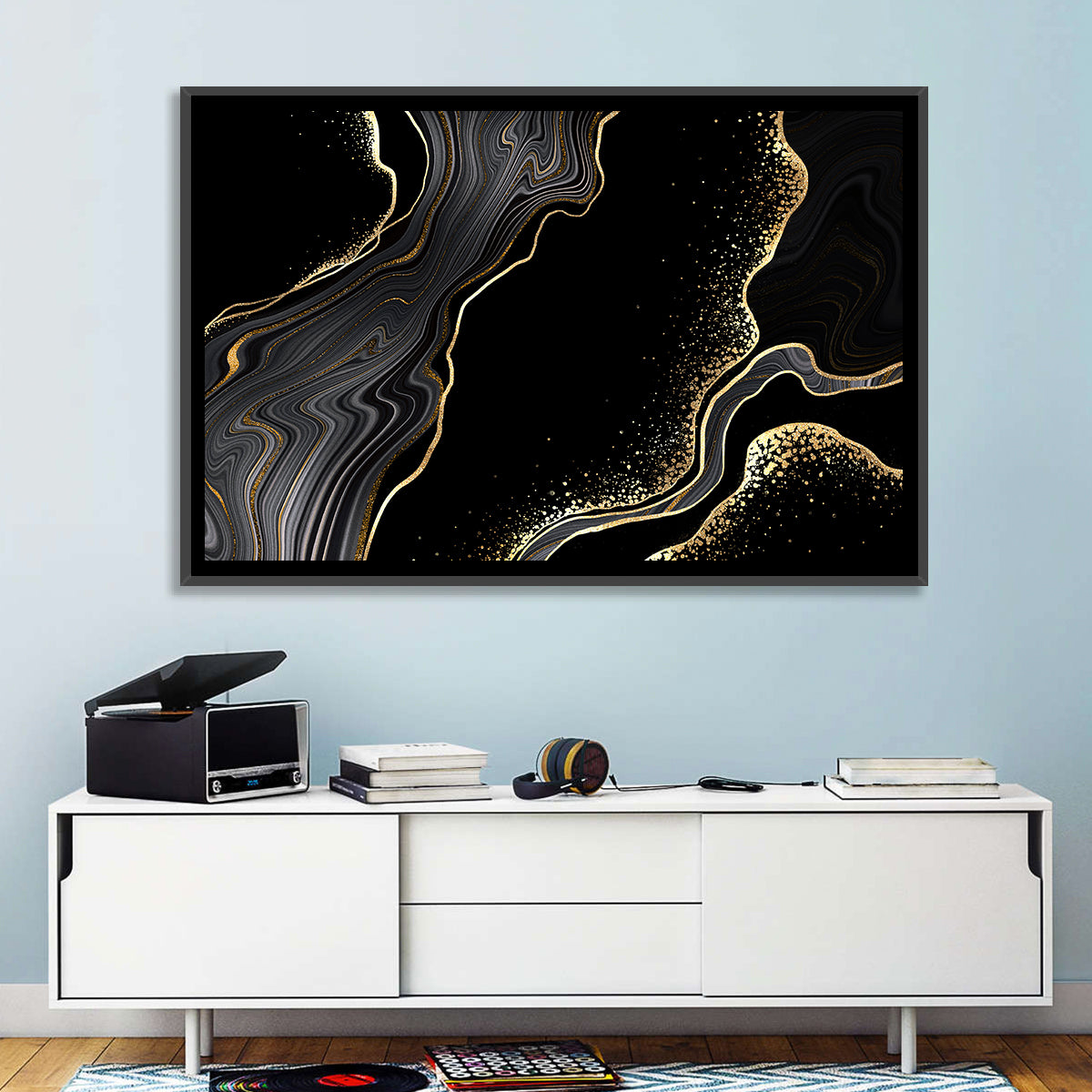 Black Marble with Gold Veins Wall Art in a room, landscape