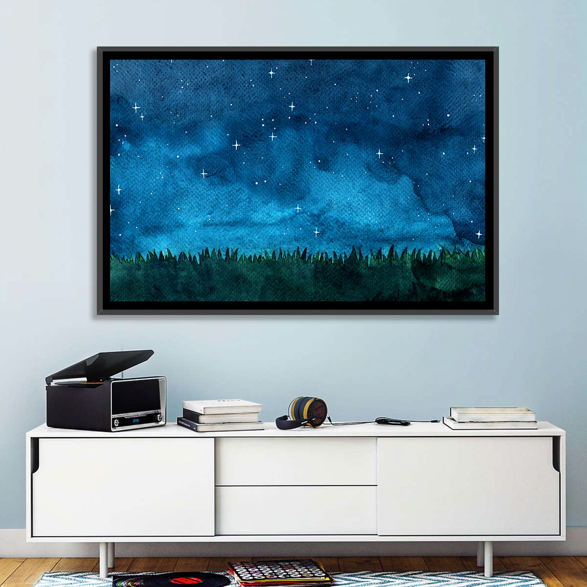 Starry Meadow Nightscape Wall Art in a room, landscape