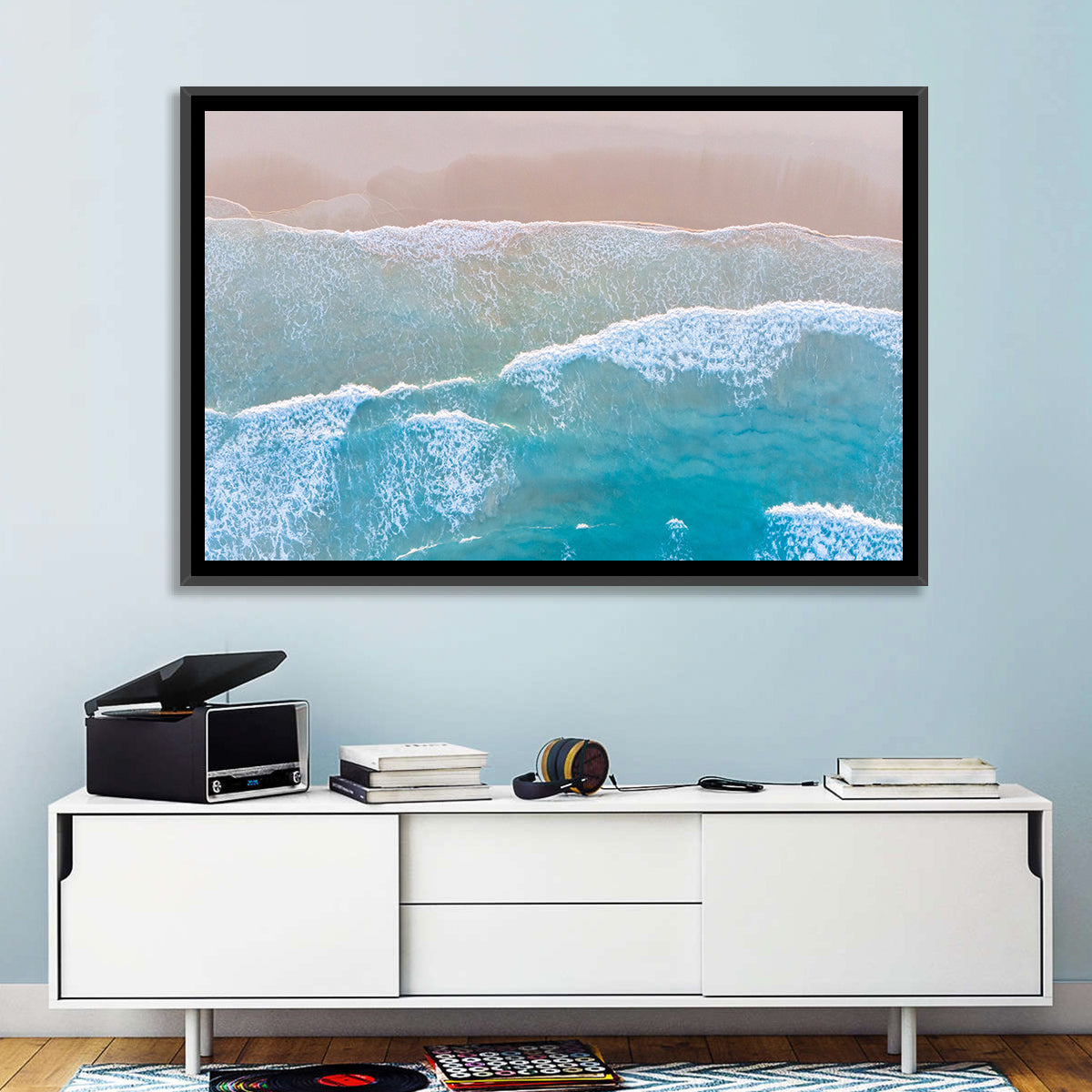 Turquoise Shoreline Aerial View Wall Art in a room, landscape