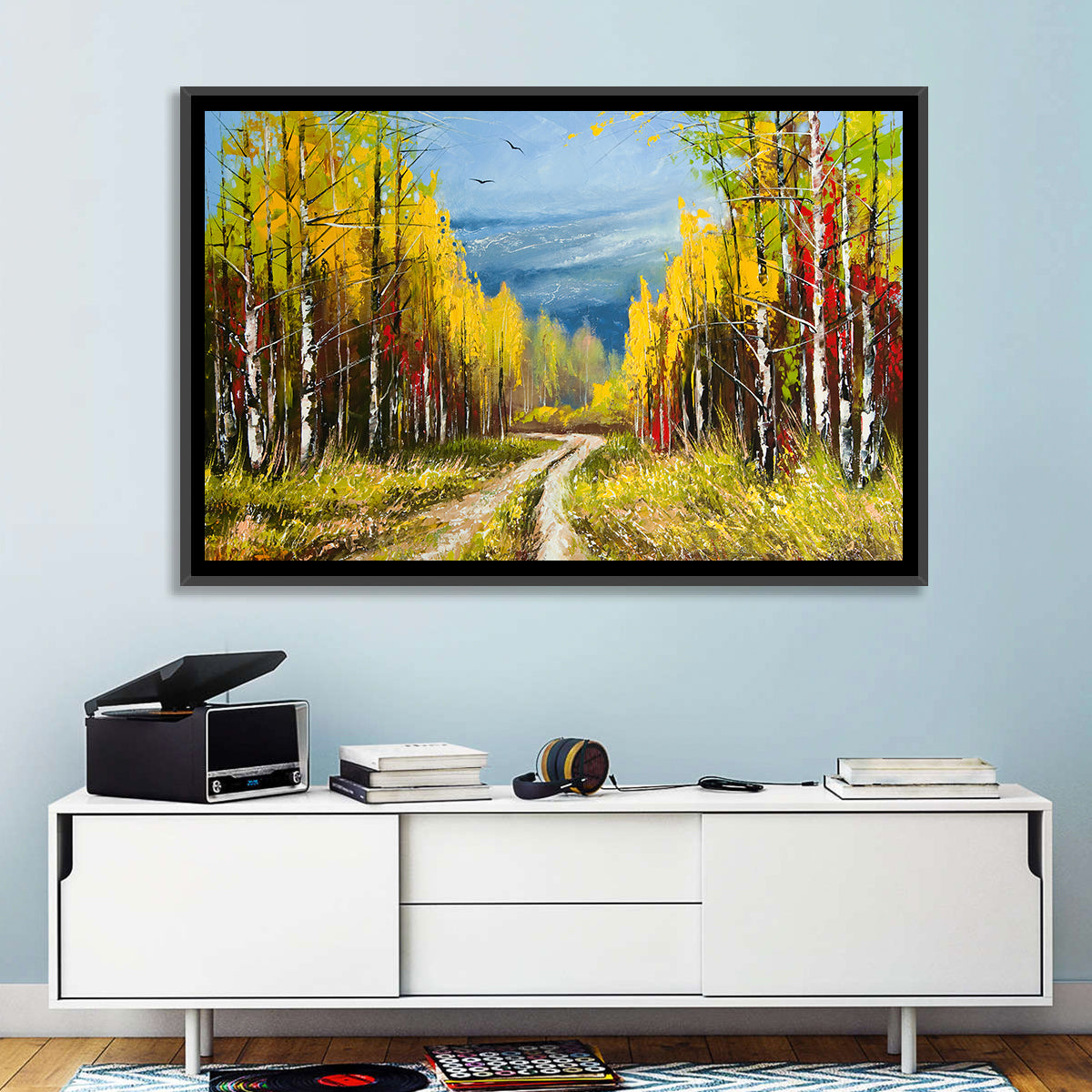 Autumn Birch Path with Two Birds Wall Art in a room, landscape