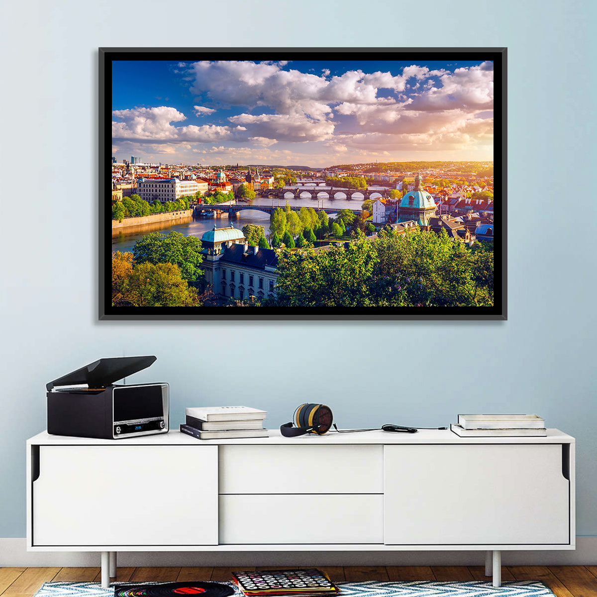 Prague Golden Hour Over Charles Bridge Wall Art in a room, landscape