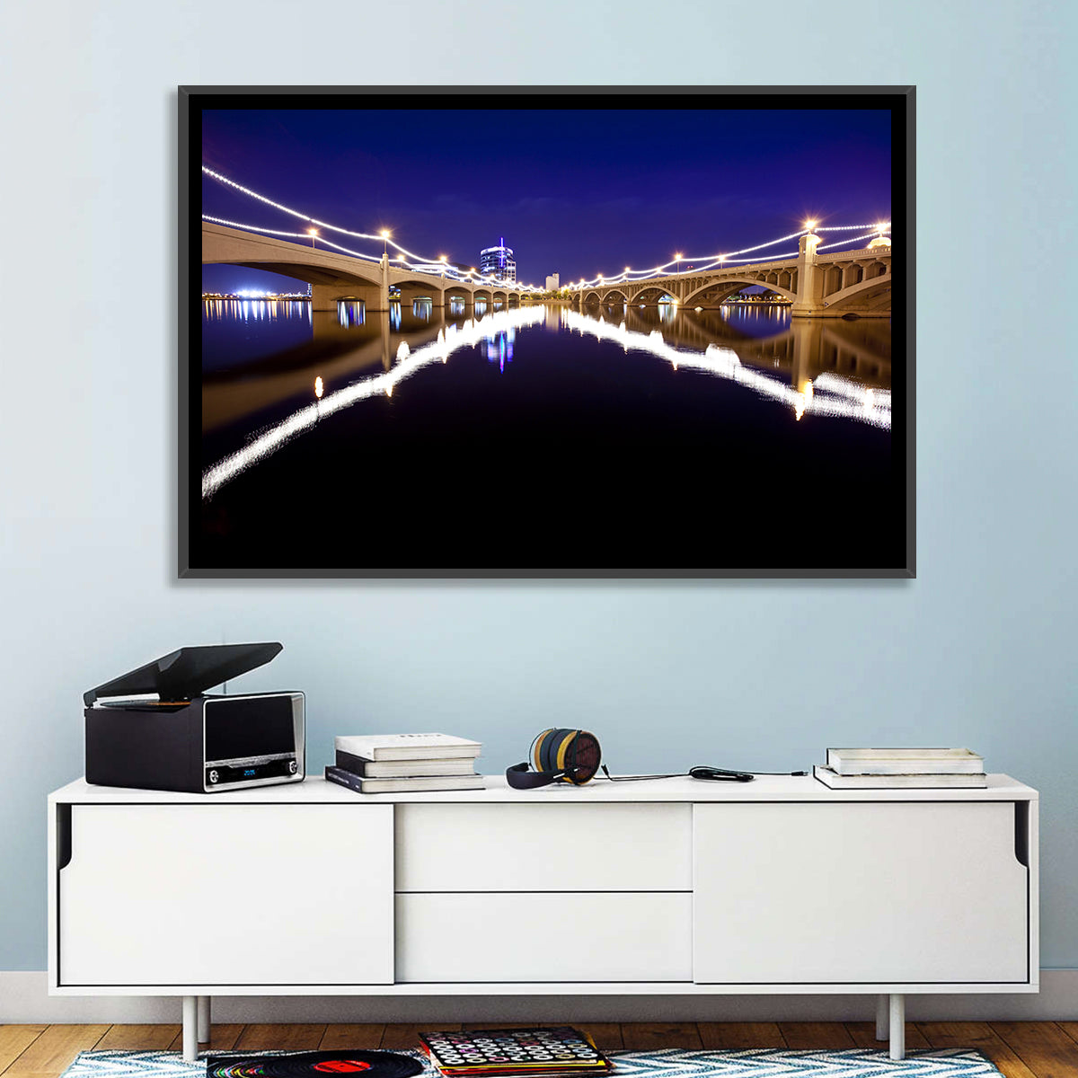 Mill Avenue Bridge Night Reflections Wall Art in a room, landscape