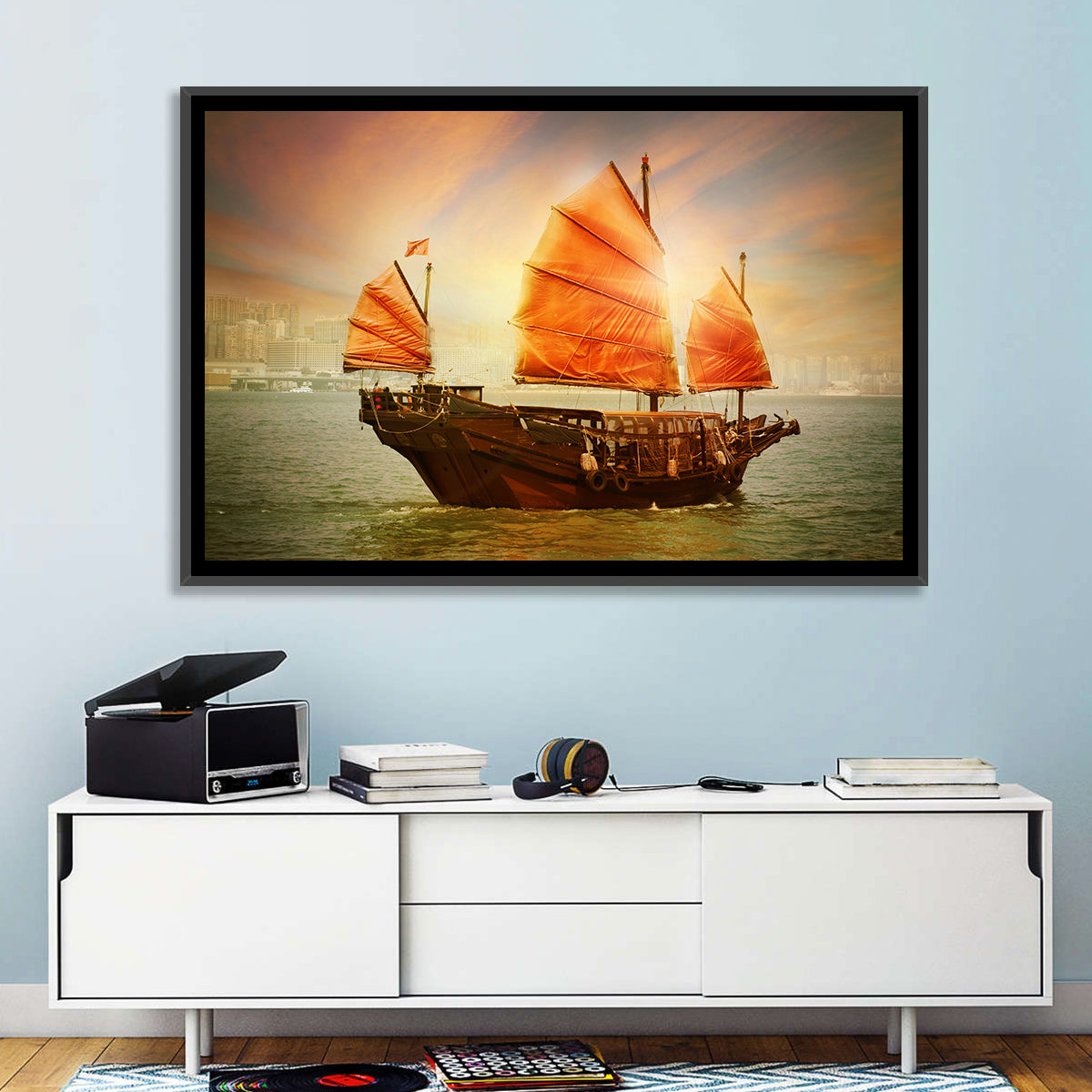 Red Sailed Junk at Victoria Harbour Wall Art in a room, landscape