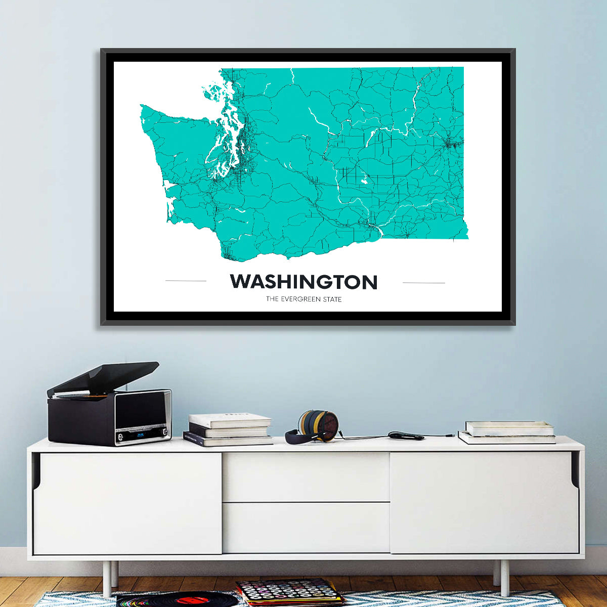 Washington State Minimalist Map Wall Art in a room, landscape