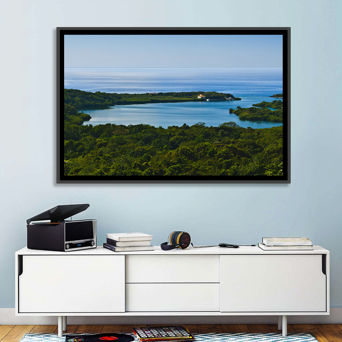 Roatan Tropical Bay Wall Art in a room, landscape