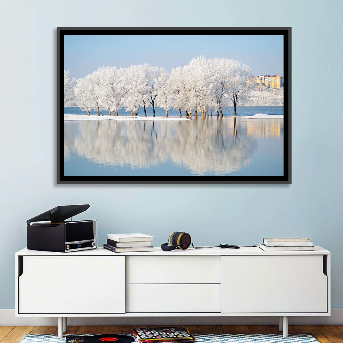 Winter Lake Reflection Wall Art in a room, landscape
