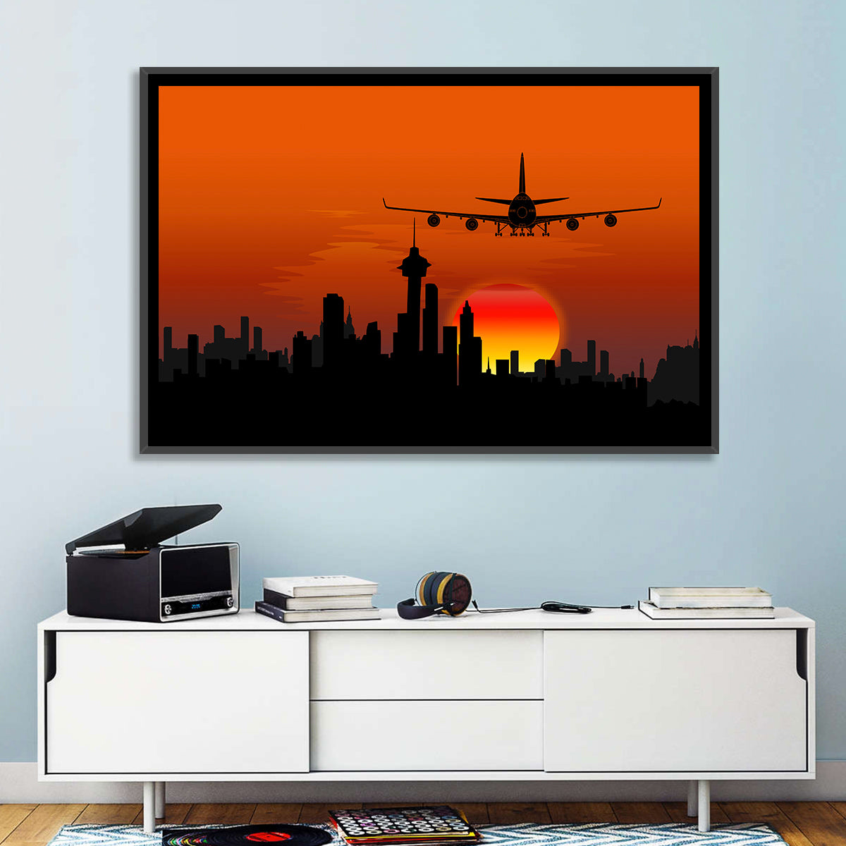 Approaching Jet Over Sunset Skyline Wall Art