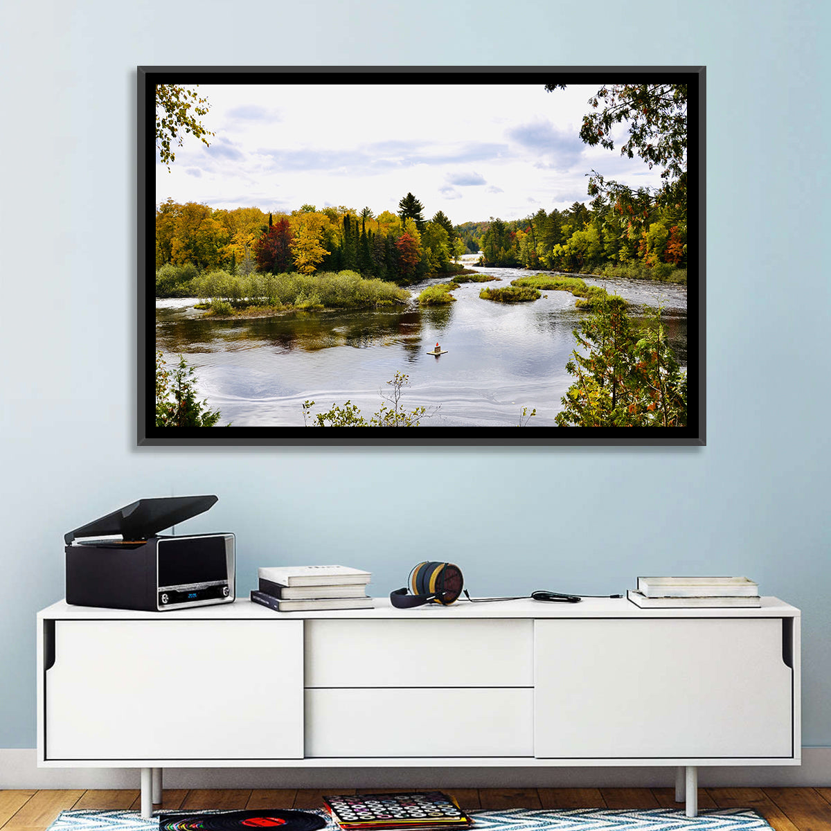 Tahquamenon River Autumn Scene Wall Art in a room, landscape