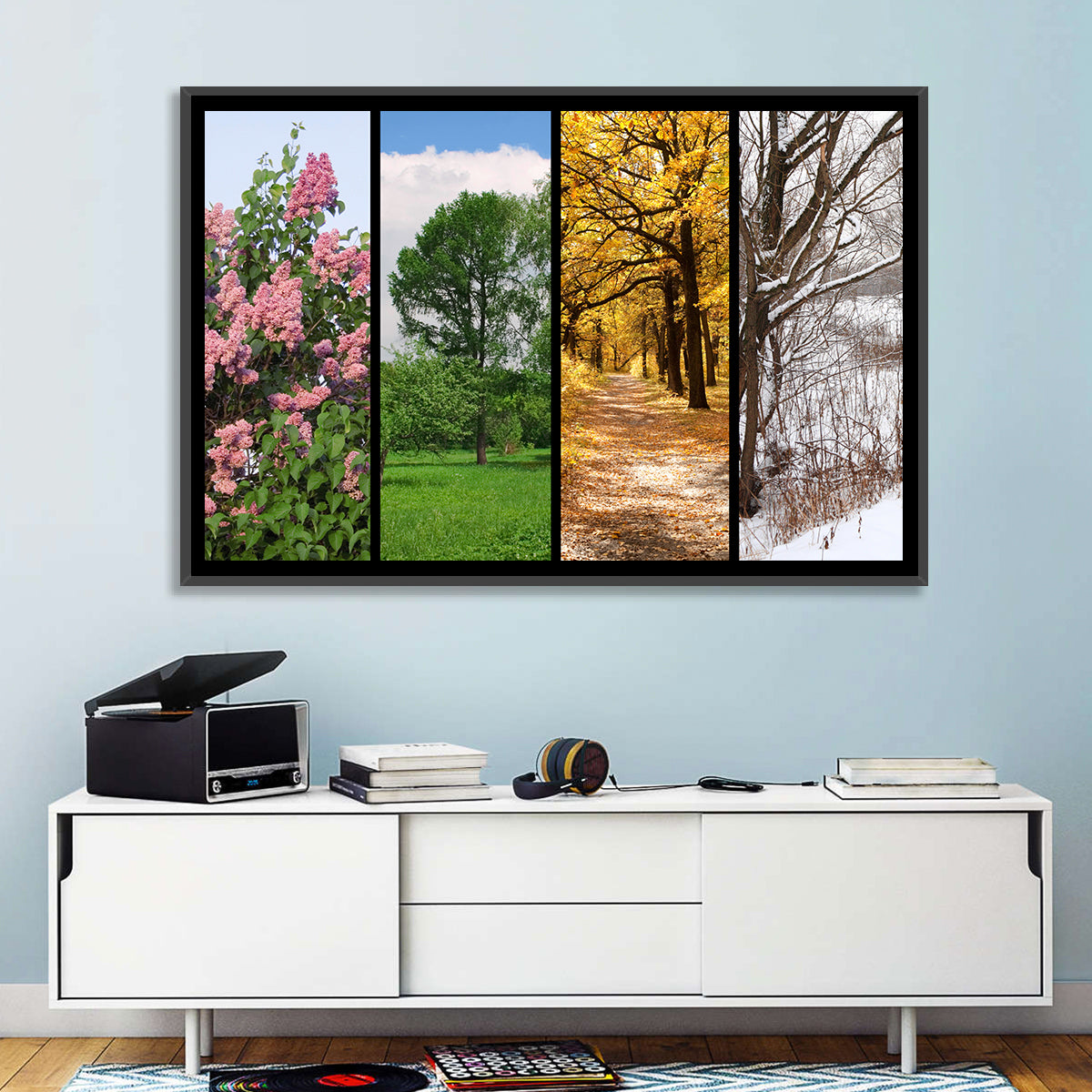 Four Seasons Tree Collage Wall Art in a room, landscape