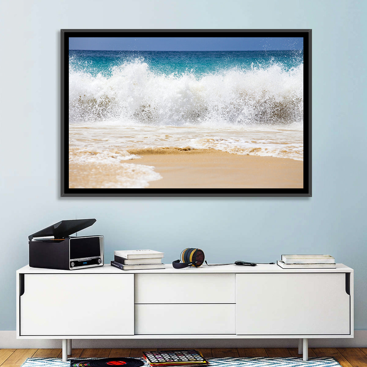 Breaking Wave Over Wet Sand Wall Art in a room, landscape