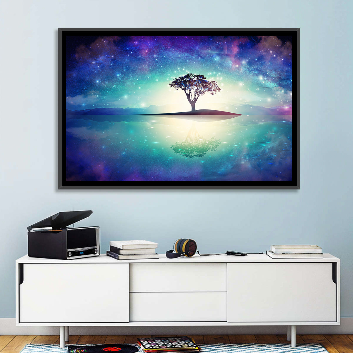 Glowing Island Tree Under Starry Nebula Wall Art in a room, landscape