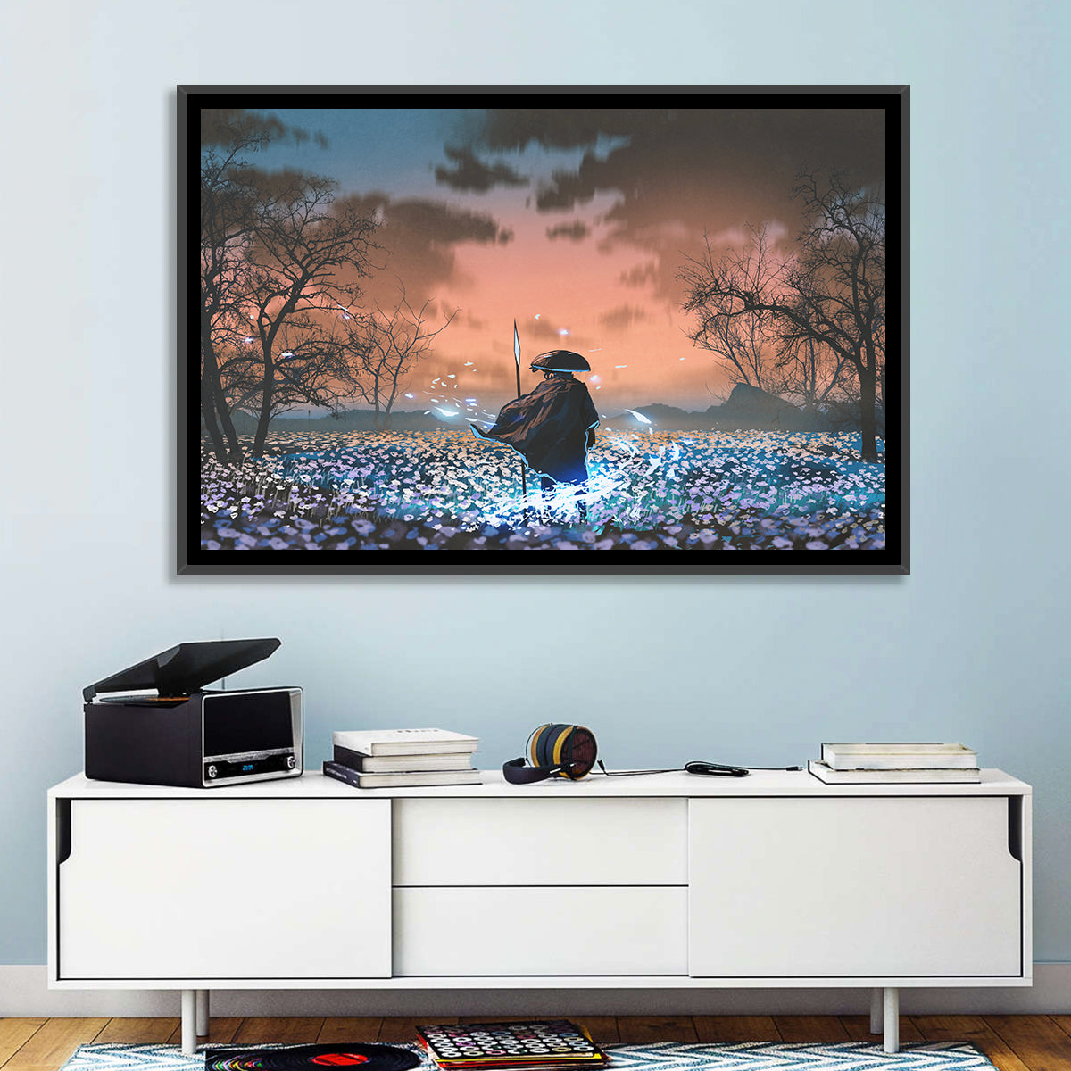 Straw Hat Samurai at Dusk Wall Art in a room, landscape